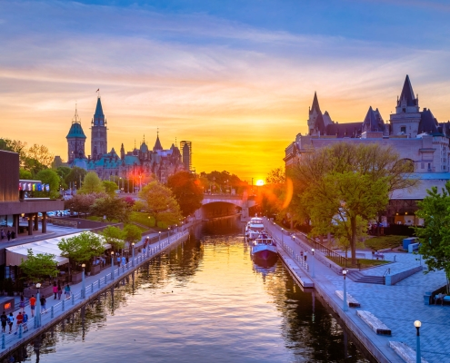 Ottawa's Rideau Canal with sunset.