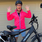 Pedego Oyama owner in pink jacket by ebike