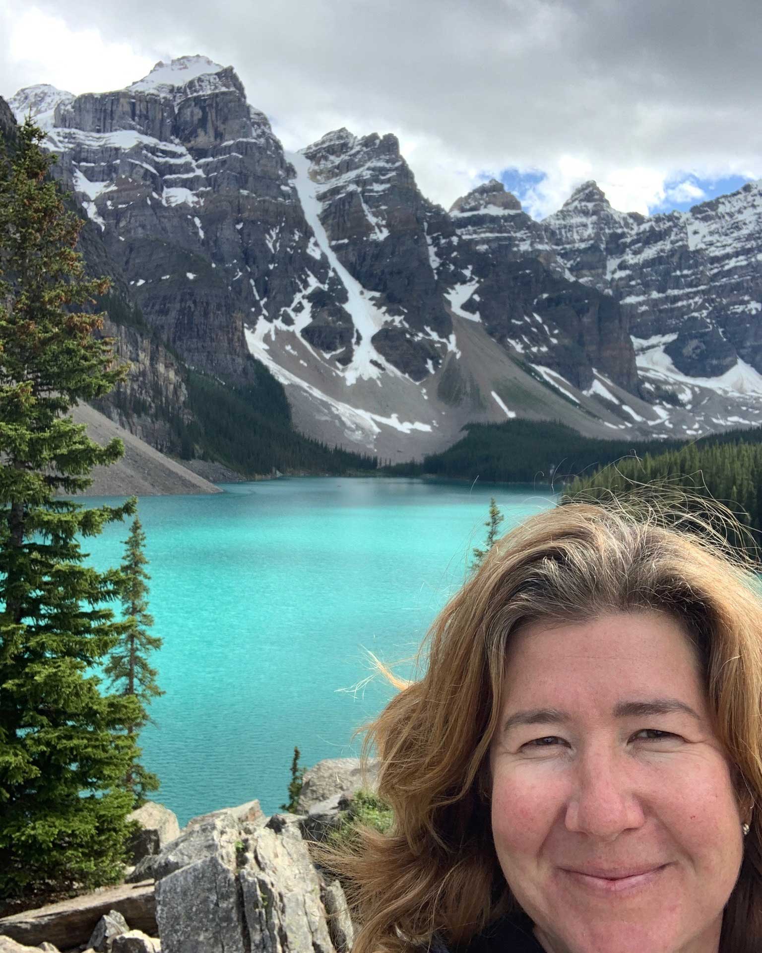 Pedego Canmore owner Amy at Moraine Lake near Lake Louise.