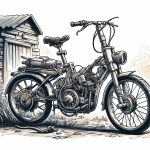 Drawing of a poorly made electric bike parked by a shed