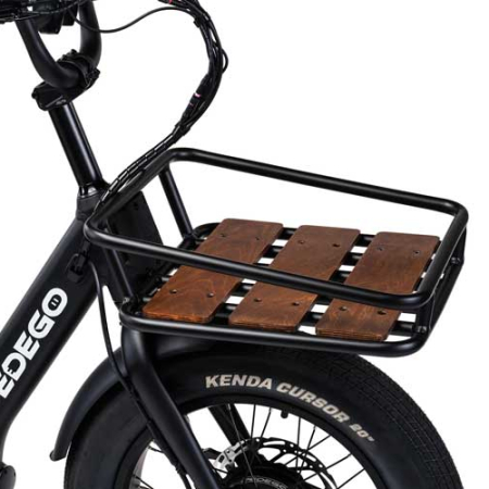 A wood and metal front rack for the Pedego Fat Tire Trike